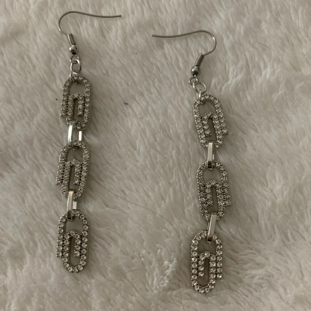 Austrian Crystal Paper Clip Dangle Earrings in Silvertone & Stainless Steel